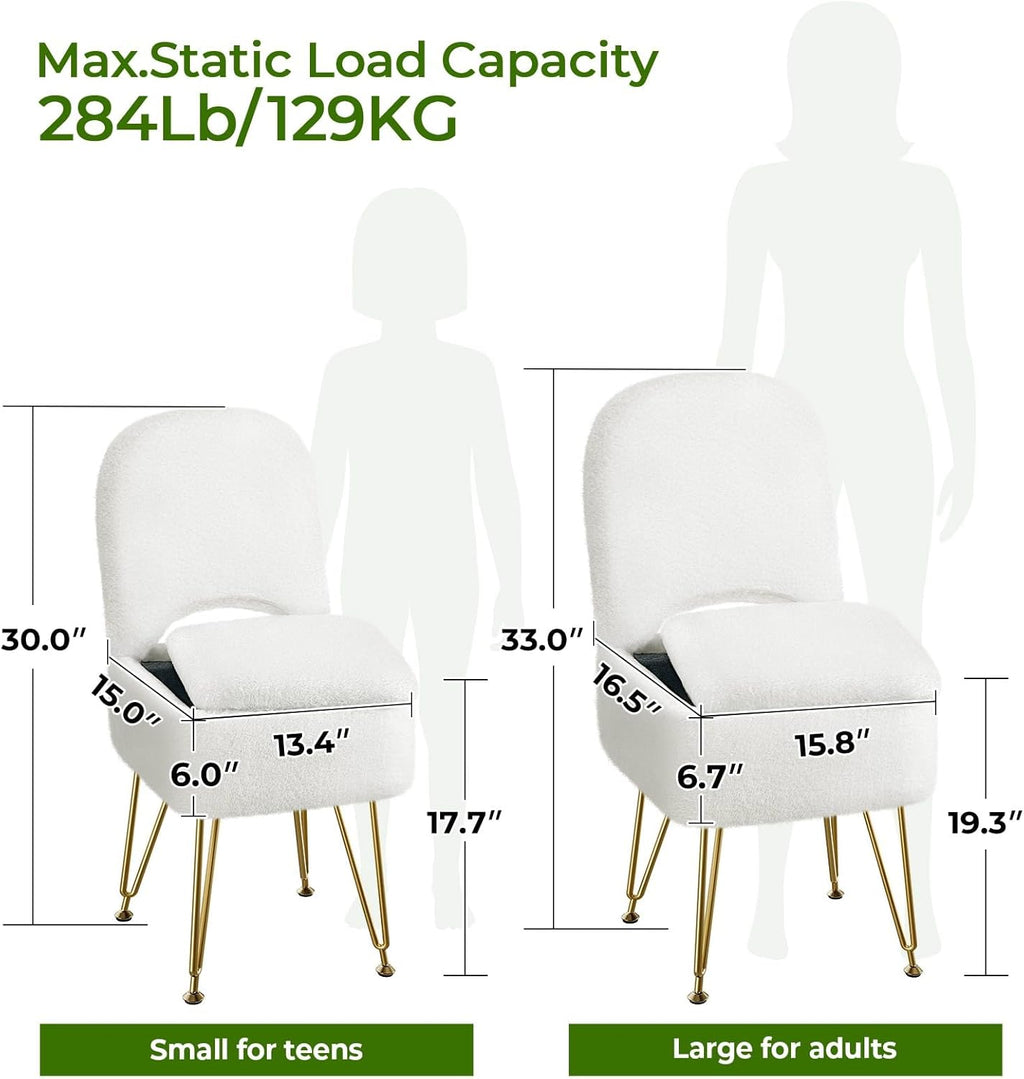 Small Vanity Stool Chair with Storage and Folding Back, 13.4" x 15" x 30" Square Faux Fur Soft Ottoman, 4 Metal Legs with Anti-Slip Feet, Furry Padded Seat for Makeup, Bedroom, White