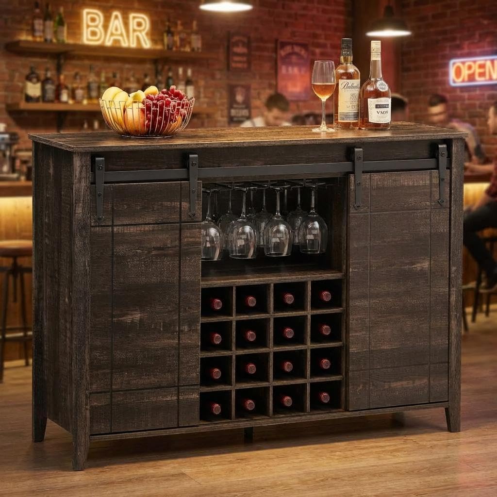 GAOMON Farmhouse Coffee Bar Cabinet 47", Buffet Cabinet with Sliding Barn Door, Coffee Bar with 4 Glass Hooks and 16 Wine Racks for Kitchen, Dining and Living Room, White