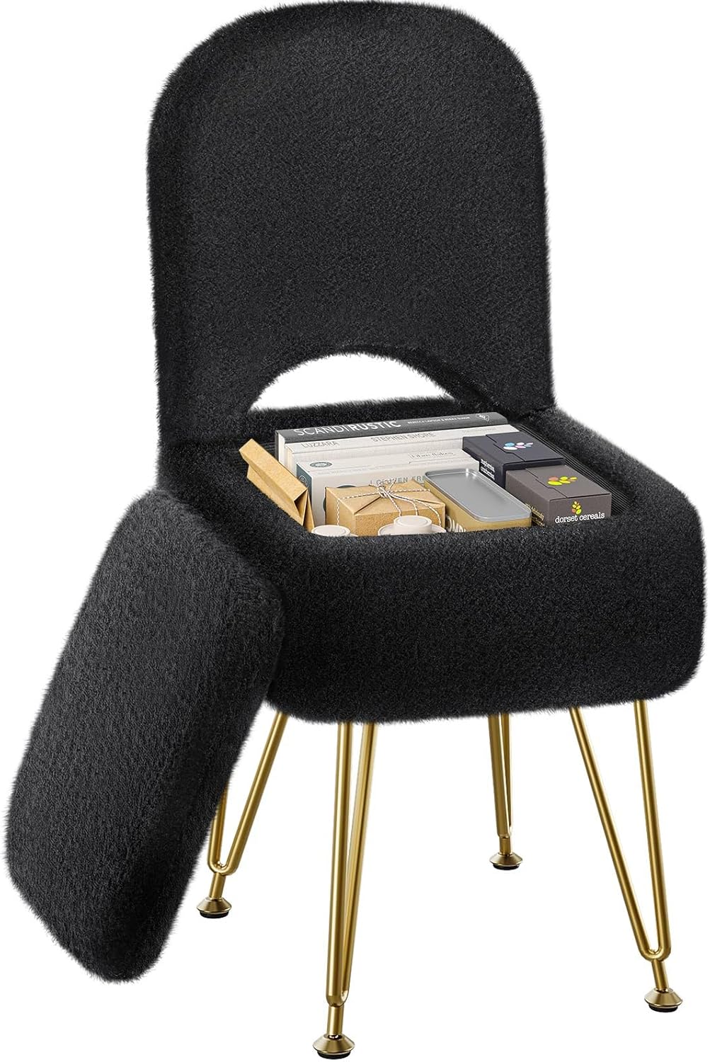 Small Vanity Stool Chair with Storage and Folding Back, 13.4" x 15" x 30" Square Faux Fur Soft Ottoman, 4 Metal Legs with Anti-Slip Feet, Furry Padded Seat for Makeup, Bedroom, White