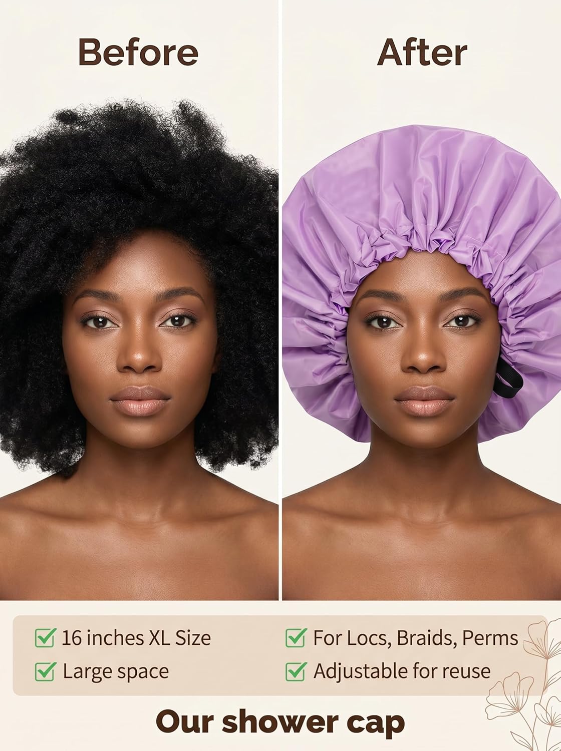 Shower Cap,Extra Adjustable Shower Caps for Women Double-Layer Waterproof Reusable Hair Cap, Large Size Hair Cap for All Hair,for Girls Spa Bath,Soft and Comfortable (Purple)